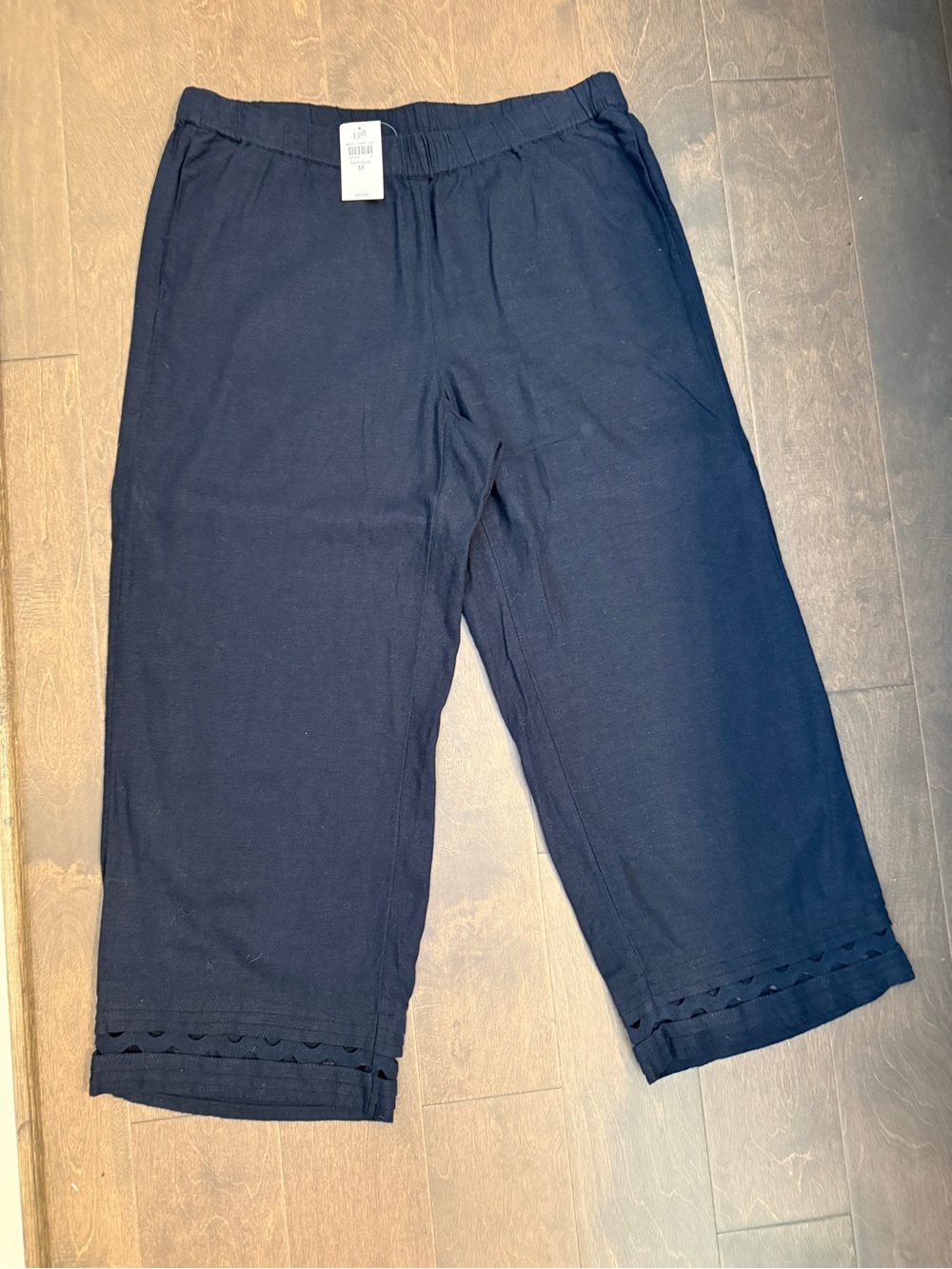 NWT J. Jill Navy Blue Linen Blend Scallop Hem Wide Leg Cropped Pants Pockets M